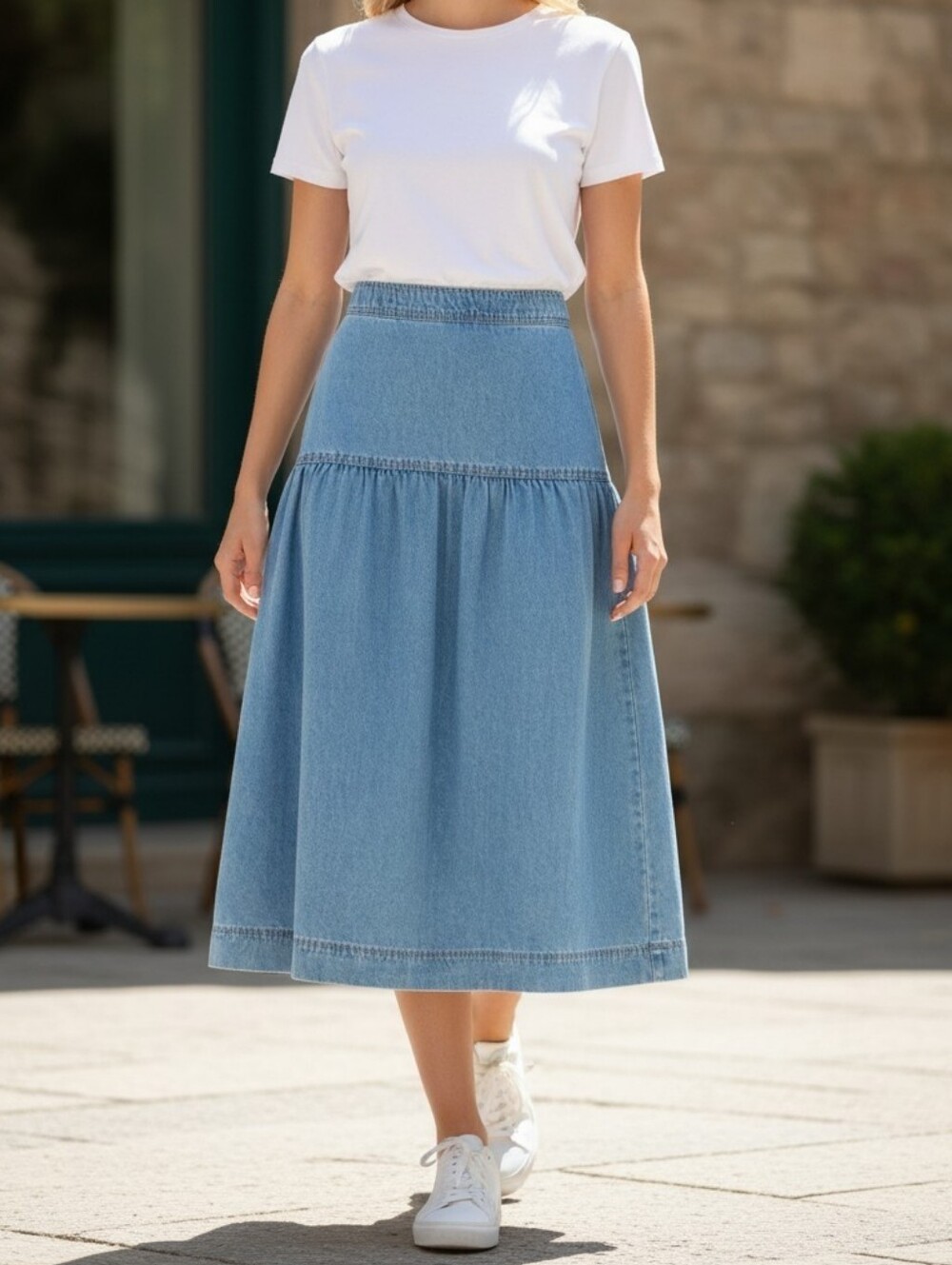 Time and Tru Women's Drapey Denim Midi Skirt, Sizes 4